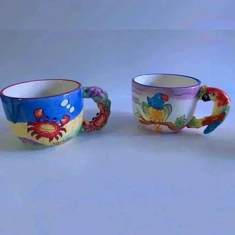 Dominican Republic Souvenir Cups with Crab  and Parrot Themed Handles